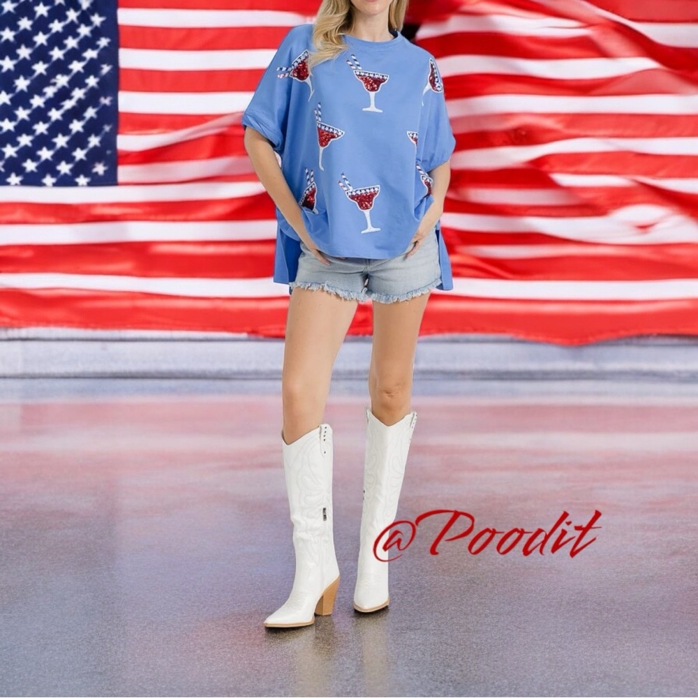 FANTASTIC FAWN Blue sequin Cocktail Graphic French Terry T-Shirt S M L - Picture 4 of 10